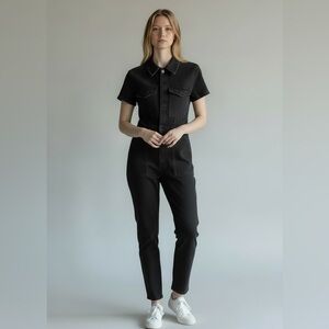 NWT Good American Black Utility Jumpsuit XL Belted Short Sleeve Zip Front